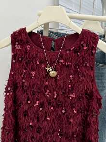 SHEIN Frenchy 女士纯色亮片设计毛绒圆领无袖时尚衬衫 - 酒紅色 - 查看 5