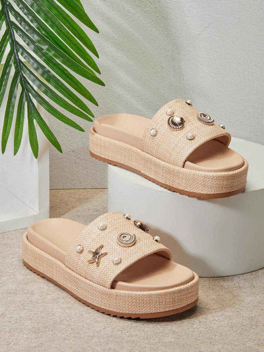 SHUZIA Sandalias de plataforma con decoración de perlas y conchas, tejidas en rafia, estilo costero chic - Listas para las vacaciones, listas para la playa. Zapatos de verano para mujer - Albaricoque - Ver 1