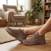 Mujer Zapatillas Deportivas De Tejido De Punto Transpirable Con Cordones Suela Gruesa Cafe Claro - Caqui - Ver 2