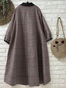 Chiquease 女士翻领灯笼袖千鸟格宽松休闲长裙 - 棕色 - 查看 2