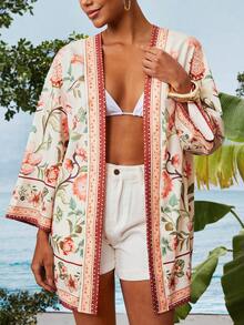 Travachic Women's Floral Print Long Sleeve Loose Casual Kimono Shirt - Pink - View 6