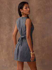 SHEIN BAE 修身单排扣无袖束腰极简连衣裙 - 深灰色 - 查看 2