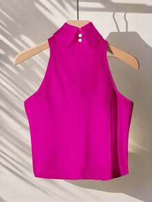 GlowEve Women's Solid Color Halter Neck Fashionable Versatile Party & Vacation Sleeveless Blouse - Hot Pink - View 2