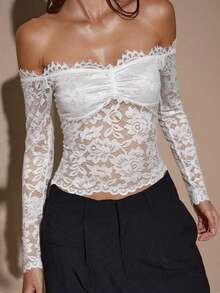 SHEIN BAE 女士蕾丝性感透视镂空露肩长袖上衣，酒红色，适合圣诞节、万圣节、亡灵节、秋冬季叠穿 - 白色 - 查看 6