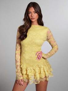 SHEIN BAE Women's Elegant Yellow Autumn Lace Trim Layered Ruffle Hem Mini Dress,Solid Color Long Sleeve Floral Dress For Date,Night Club,Birthday Party - Yellow - View 5