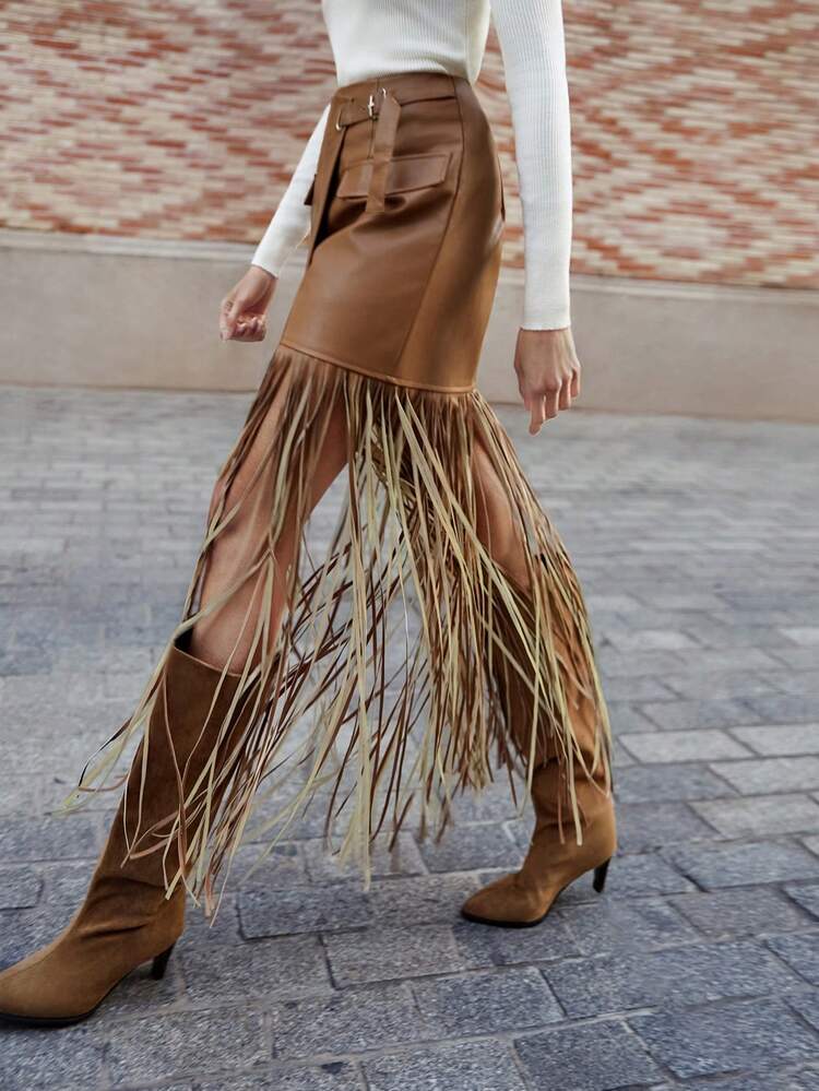 SHEIN Maija 2026 Fashion Commuter PU Leather Tassel Hem Wrap Skirt,Autumn And Winter Women's Midi Skirt In Bohemian Style, Featuring Leather Tassels, Belt Buckle Details, And Two-Tone PU Fabric-A Versatile And Practical Everyday Choice.