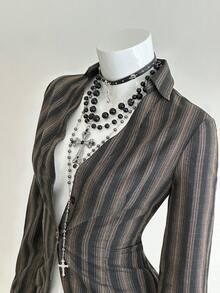 EgrlEra 女士复古性感时尚V领办公室休闲衬衫 - 黑色 - 查看 1