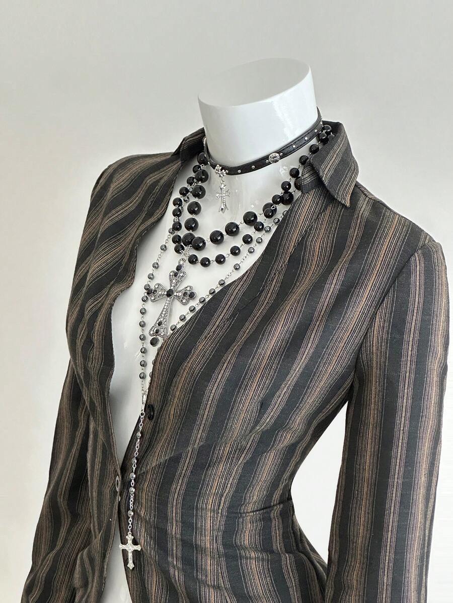 EgrlEra 女士复古性感时尚V领办公室休闲衬衫 - 黑色 - 查看 1