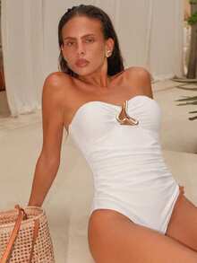 Swim Chiccia Đồ bơi liền thân ren kim loại màu trơn gợi cảm cho nữ - Màu be - Xem 6