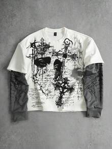 ROMWE MEN Men's Cross Print 2 In 1 Long Sleeve Crew Neck Casual T-Shirt - Grey - View 1