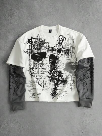 Camiseta casual de manga larga con cuello redondo y estampado de cruz, efecto de dos piezas para hombre