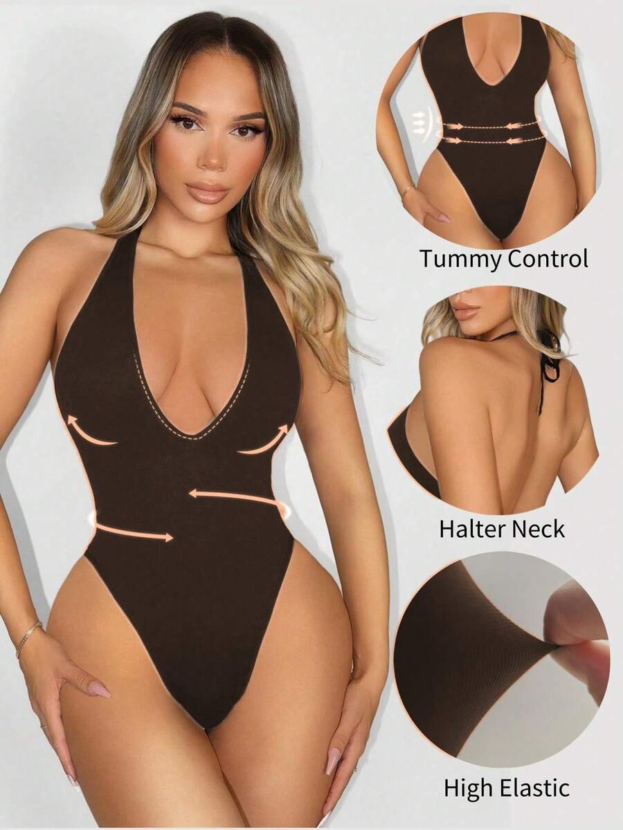 Sirith Bộ đồ liền thân hở lưng cổ yếm liền mạch, màu trơn - Màu nâu Mocha - Xem 1