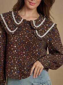 WESTFADE Blusa de manga larga con cuello Peter Pan, abotonada al frente, con doble capa de volantes, rayas y lazo floral - Marrón - Ver 3