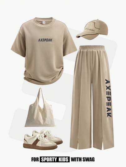 JNSQ Tween Girls 2-Piece Set: Loose Crew Neck Short Sleeve Sweatshirt + Wide Leg Letter Print Pants, Suitable For Spring/Summer Outdoor Activities, Casual, Vacation, Street Style And Leisure