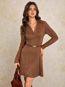 SHEIN Tall Vestido con falda línea A y cuello, tela de ante, estilo casual relajado elegante de oficina para mujer, vestido marrón café elegante para mujer, mujer alta - Marrón - Ver 8