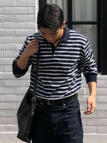 DAZY 男士休闲条纹长袖Polo衫，春秋季 - 彩色 - 查看 5