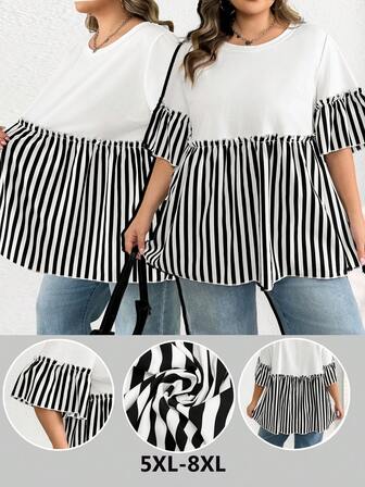 SHEIN CURVE+ Plus-Size Women's Summer Tops, Women's Doll Tops, Striped Patchwork Tops, Outdoor Tops, Slimming Tops/2026 /New Year