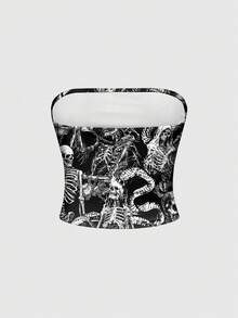 ROMWE Goth 哥特式暗黑恐怖骷髅、蛇、蛾、蝙蝠、黑色藤蔓植物图案女式露脐上衣 - 黑色 - 查看 2