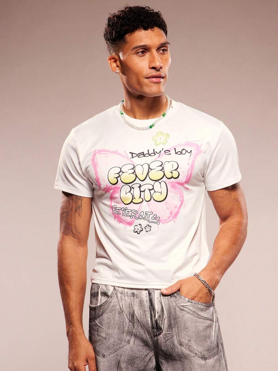 FeverCity 男士字母蝴蝶印花圆领短袖休闲百搭T恤 - 白色 - 查看 1