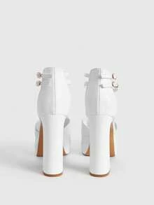SHEIN X Belle Mariano CUCCOO LuxiPop Women's Thick Sole Buckle Design Elegant High Heels For Christmas - White - View 10