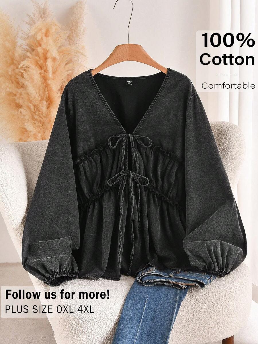 CosyJoli 大码女式休闲系带灯笼袖水洗衬衫 - 黑色 - 查看 1