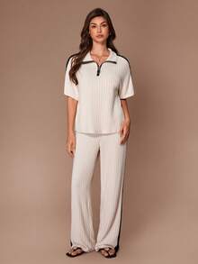 Lazeform 女士休闲撞色拼接半拉链领短袖上衣和阔腿裤家居服套装 - 杏色 - 查看 5