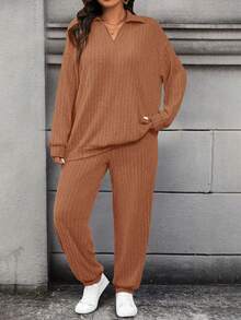 Calvaya Conjunto informal de 2 piezas de camiseta de manga larga con hombros caídos y pantalones de unicolor para mujer de talla grande - Mostaza Amarilla - Ver 3