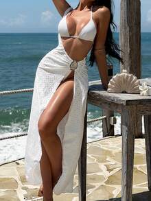 Bonvoyette 女士罩衫，时尚海滩度假风，单肩侧开衩镂空长款 - 白色 - 查看 5