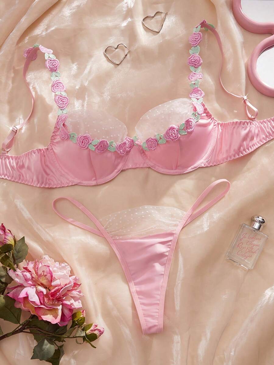 Crystal Vow 2pcs Women's Sexy Underwear Set, Wireless Push-Up Bra And Thong Panty - Pink - View 1