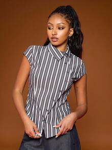 COUREZ 短袖不对称修身条纹衬衫 Y2K 春季性感外出上衣休闲街头风 - 黑色 - 查看 4