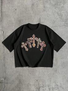 AXEPEAK Camiseta de verano de manga corta y cuello redondo para hombres con diseño de cruz versátil y de moda - Negro - Ver 3