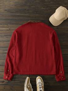 HIMLAND 男士梭织修身撞色拼接长袖休闲衬衫外套，适合秋冬季穿着 - 酒紅色 - 查看 2