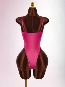 Amplova 女士纯色修身网纱拼接无袖夏季沙滩性感连体衣 - 玫紅色 - 查看 4