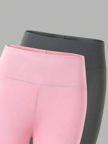 Set de 2 leggings para niñas, combinación minimalista de moda en negro y rosa con estampado de corazón, mallas cómodas de largo completo para niñas preadolescentes - Multicolor - Ver 4