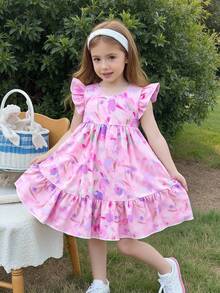 SHEIN Elladie kids 夏季少女休闲碎花荷叶边连衣裙 - 中紫紅色 - 查看 8