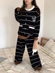 DAZY 2pcs Women Rabbit Striped Pattern Loose Long Sleeve Cardigan And Pants Pajama Set, Winter - Black - View 8