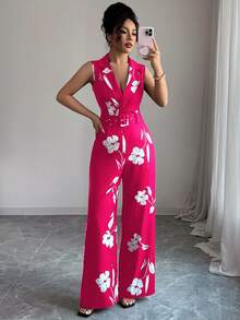 Elenzga 女士深V领印花系带连体裤，时尚百搭，适合度假和派对 - 玫紅色 - 查看 7