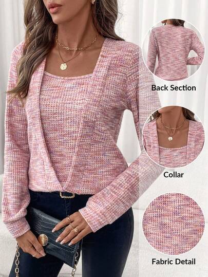 Editum Women's Elegant Pink Waffle Pattern Square Neck Sports Pullover Sweatshirt In Fall/Winter