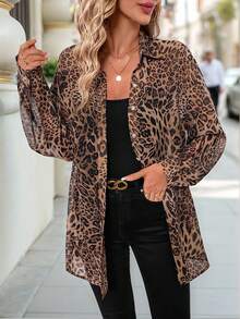 Editum Women's Elegant Leopard Print Chiffon Open Front Loose Long Sleeve Blouse,Long Sleeve Topselegantcasualgraphic Spring Summer Elegant Leopard - Multicolor - View 7