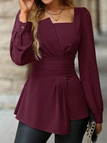 SHEIN Clasi 女士优雅纯色长袖衬衫 - 酒紅色 - 查看 8