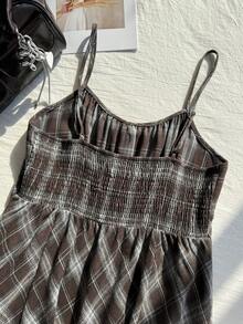Comfortcana 大码女式休闲复古蓝棕色格子吊带连衣裙 - 棕色 - 查看 9