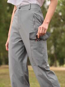 SHEIN In My Nature 女士纯色拉链口袋直筒宽松户外裤 - 淺灰色 - 查看 2