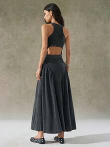 LYSMO 2025 New Arrival Women's Black Distressed Wash Backless Design Dress - Black - View 2