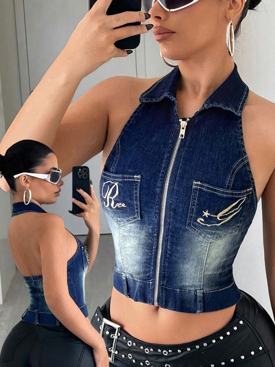 Jeanoix Y2K 时尚拉链刺绣水洗牛仔翻领露背上衣 - 深色水洗藍 - 查看 1