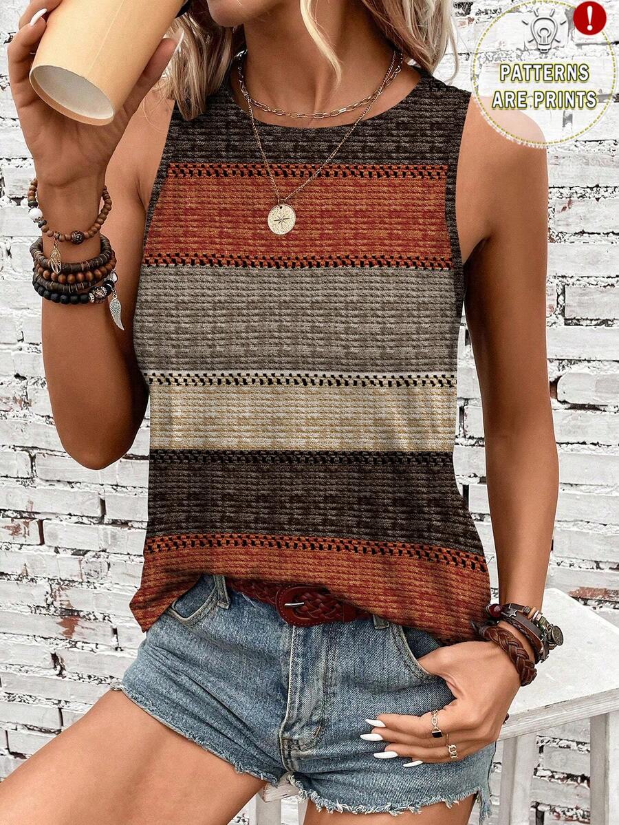 SHEIN LUNE Top de tirantes de cuello redondo con rayas de contraste, adecuado para primavera/verano, playa, casual - Multicolor - Ver 1