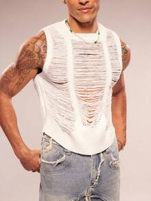 FeverCity Men's Fashionable Casual Ripped Sweater Vest - White - View 6