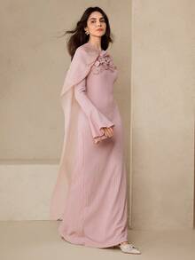 Graceveil Elegant Women's Long Sleeve Knit Dress With Oblique Neckline, Applique, Mesh Ribbons, Textured Fabric, Fitted Silhouette, Pink Color - Pink - View 5