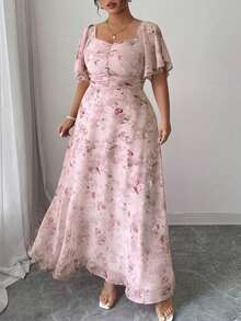 Modelyn 女士雪纺蝴蝶印花蝙蝠袖百褶甜美法式夏装