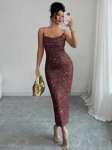 Elenzga 女士亮片吊带露背褶皱领口中长连衣裙，优雅法式复古简约百搭风格，适合冬季、万圣节、圣诞节、感恩节、下午茶会、半正式场合、性感派对、秋冬季穿着。 - 紫紅色 - 查看 3