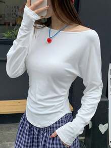 K-Vae Casual Versatile Simple White Off Shoulder Long Sleeve T-Shirt - White - View 2